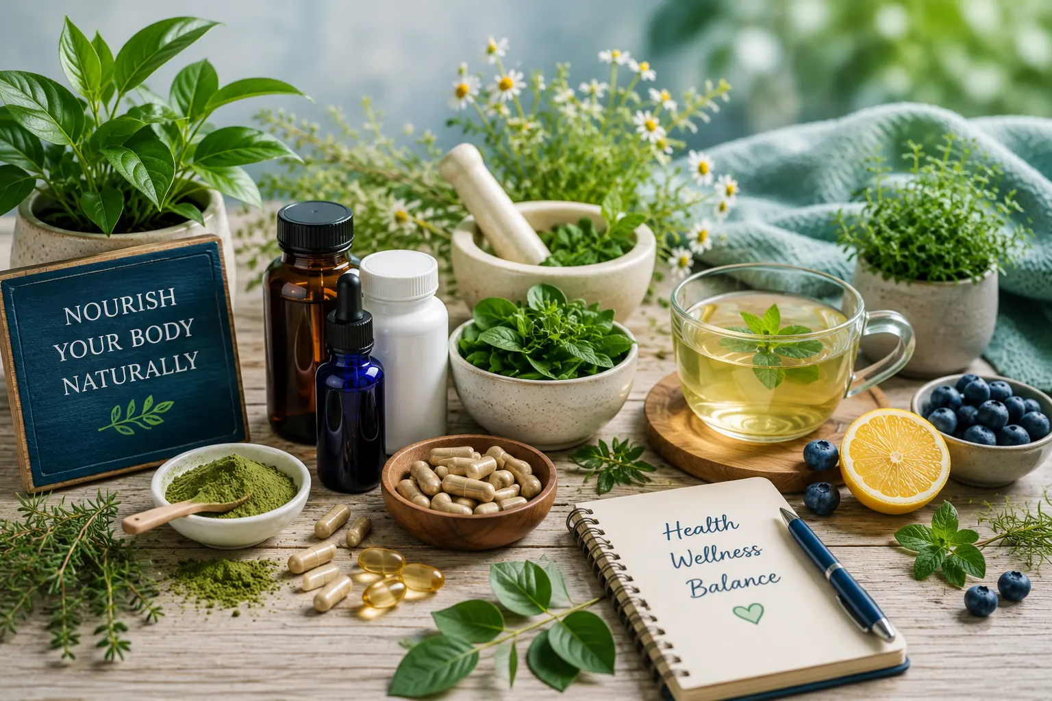 A holistic healing image with a plant, herbs, and a blue plaque with the text nourish your body naturally on it